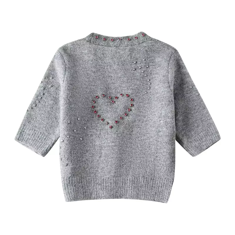 Women New Fashion beaded decoration Heart shaped V Neck Knitted Coat Vintage Short Sleeve Button-up Female Pullovers Chic Tops