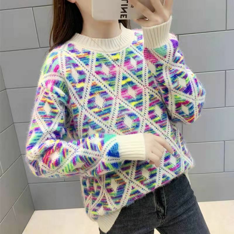 Цветной пуловер в западном стиле, свитер, Женская свободная и теплая Модная ретро трикотажная нижняя рубашка