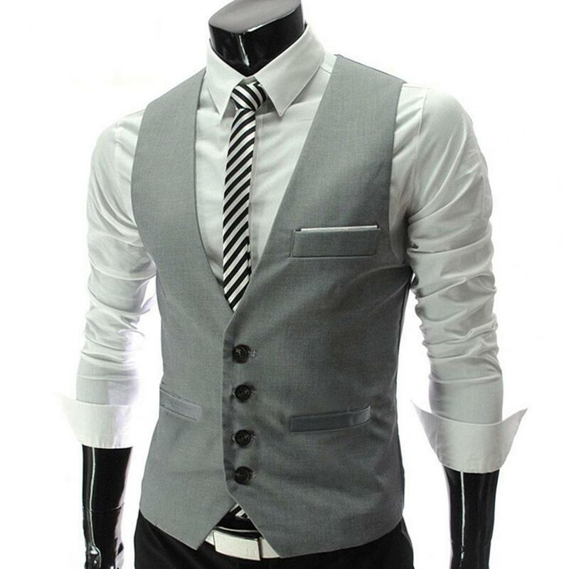 Suit Vest Men Solid Color Formal Sleeveless Pockets Business Vest Workwear Simple Workwear