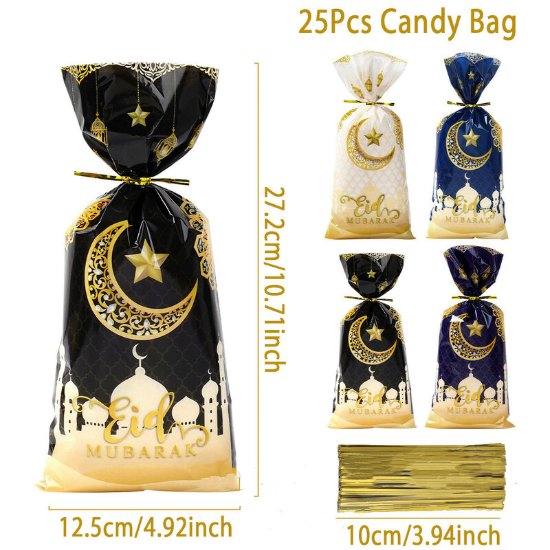 Flat Binding Celofane Embalagem Sacos, Embrulho para o Partido Muçulmano Islâmico, Castelo de Eid Mubarak, 25-100Pcs