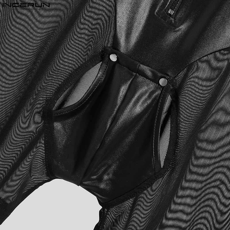 INCERUN mężczyźni body siatkowy Patchwork Sexy przepuszczalność Zipper Homewear śpioszki bez rękawów piżamy 2023 mężczyźni body S-5XL 7