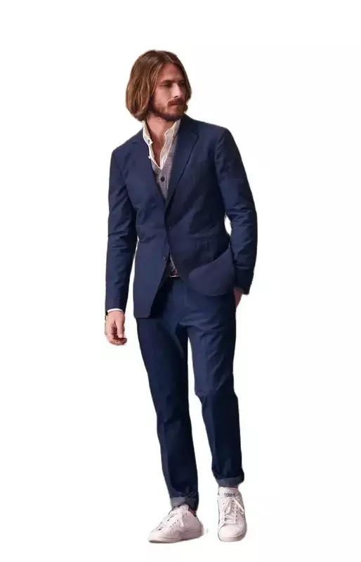 Мужской летний комплект из 2 предметов, смокинг для жениха в официальном стиле, повседневный приталенный синий костюм для мужчин, 2024 Лен