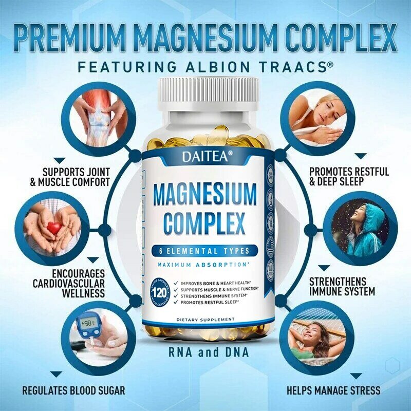 Capsule complesse di magnesio-integratore per la salute di ossa, muscoli e cuori, supporto per il sonno, rilassamento muscolare, sollievo dallo Stress e dall'ansia