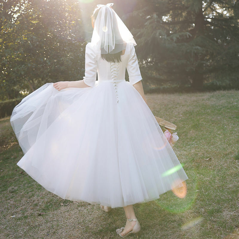 Gaun pernikahan Satin putih untuk pengantin wanita, gaun malam Formal jaring elegan sederhana gaya Hepburn Super peri musim panas