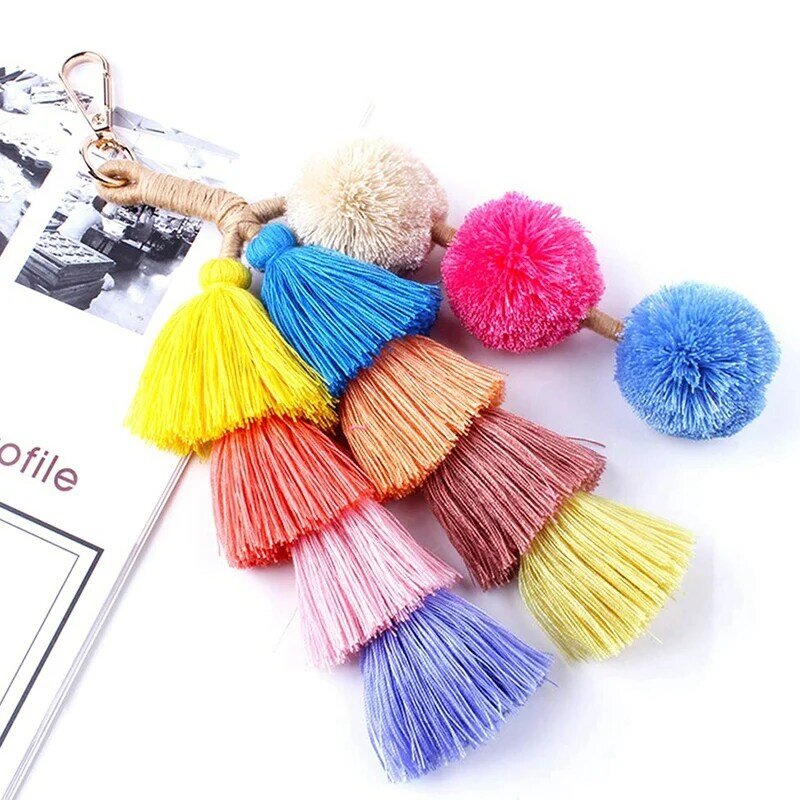 سلسلة مفاتيح بوهو بوم بوم شرابة ملونة ، سحر حقيبة يدوية الصنع
