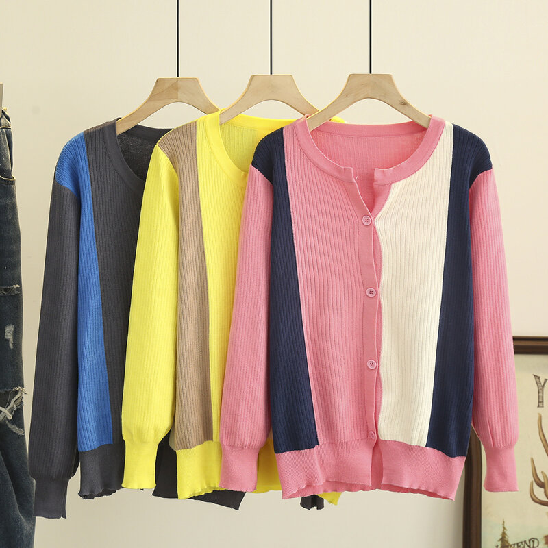 Cárdigan básico de talla grande para mujer, suéter de punto informal con cuello en V, Color de bloque Simple, moda de otoño e invierno, 4XL