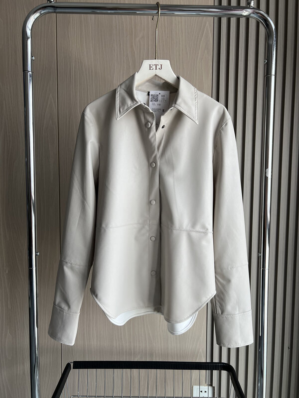 Artificial Leather Shirt 2024 traf Spring New fashion lapel patchwork beige leather long sleeve shirt for women