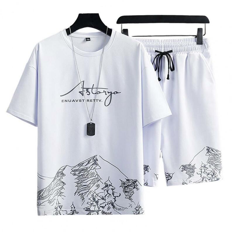 Conjunto de 2 piezas para hombre, traje informal con bolsillos y cordón, Camiseta holgada con estampado de montaña, pantalones cortos holgados, ropa de calle deportiva