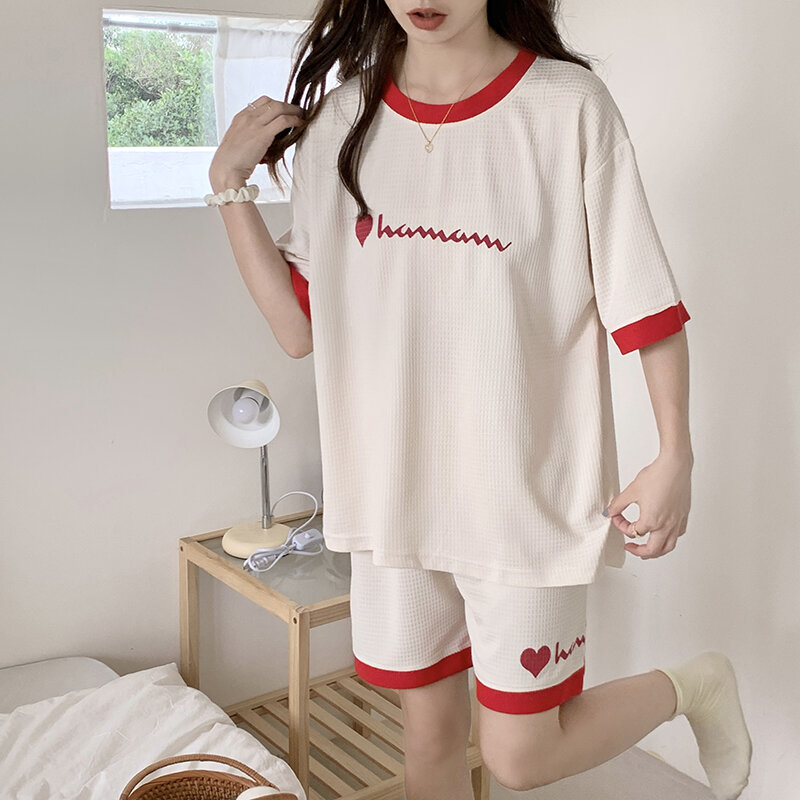 Pijama das mulheres Novo Verão Imitação de Algodão Jacquard Malha Pulôver Em Torno Do Pescoço Casual Impressão Duplo Curto Conjunto Home Furnishing