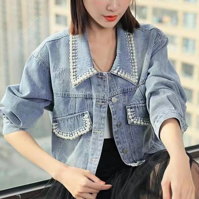 2024 manis mutiara dekorasi jaket Denim wanita lengan panjang kerah Turn Down Jaket Crop wanita Korea kantong longgar mantel wanita