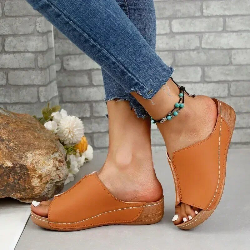 รองเท้าแตะสำหรับผู้หญิงรองเท้าผู้หญิงเปิดนิ้วเท้า, รองเท้าแตะพื้นไม้แฟชั่นฤดูร้อน2024รองเท้าหัวเข็มขัดสวมใส่สบาย