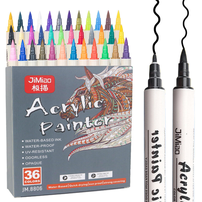 12/24/36 Colors Acrylic Painter Brush Marker Pen Flexible Soft Brush Marker Fine Tip Pen Painting Rock Metal Glass Ceramic Wood