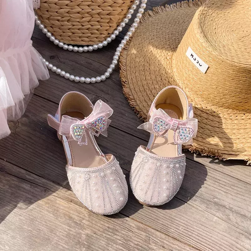 Sandalias planas de princesa para niñas, zapatos con lazo y perlas, para fiesta de boda, Verano