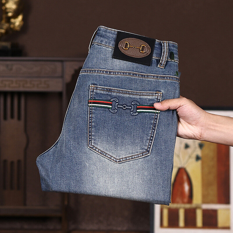 Lichte Luxe High-End Jeans Voor Herenmode 2024 Nieuwe Elastische Slanke Pasvorm Kleine Straight Leg Seizoensgebonden Trend Veelzijdige Lange Broek