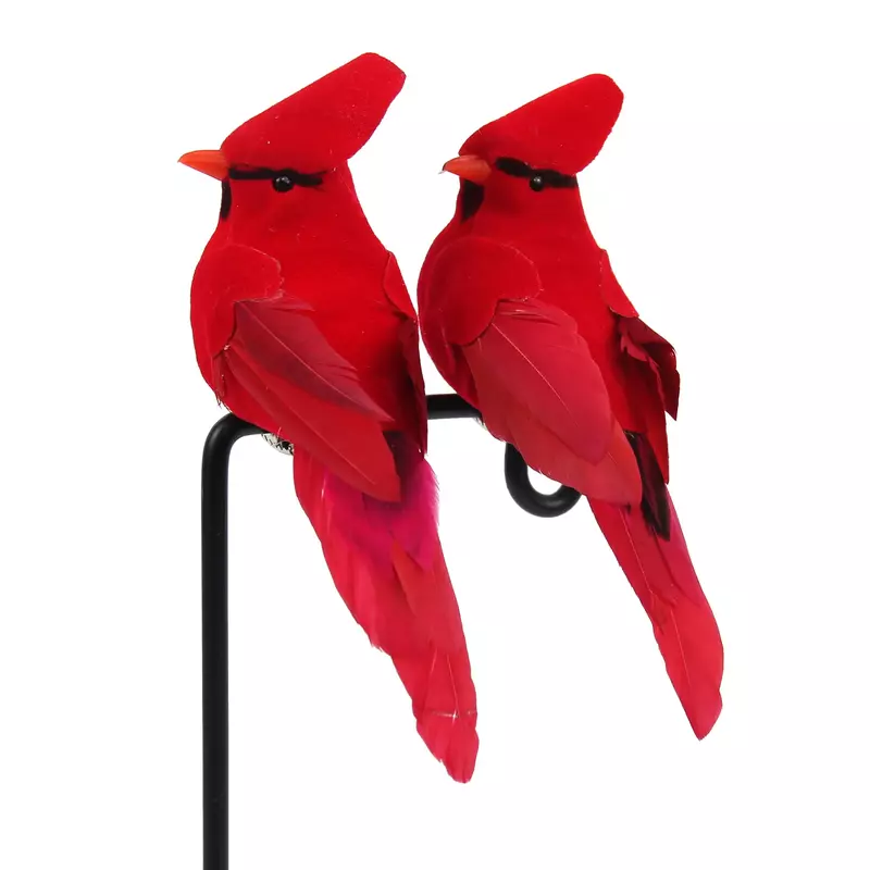 Simulation d'oiseaux en plumes avec Clips, 2 pièces, pour décoration d'arbre de pelouse de jardin, artisanal, Figurines d'oiseaux rouges, décoration de maison de noël