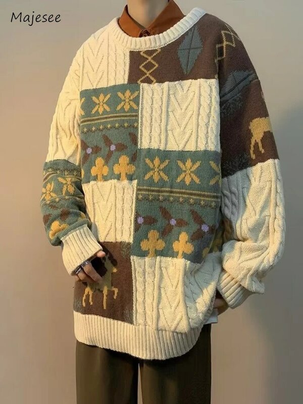 Sweater Vintage pria, berpanel geometris Chic rajut longgar bertekstur gaya Amerika remaja pasangan chihistmas musim dingin