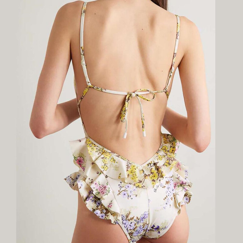 2024 Frauen Badeanzug gekräuselte Mode aushöhlen Design rücken freie einteilige Bade bekleidung Deep-V Schnürung schlanke Strand kleidung mit Flolar-Print