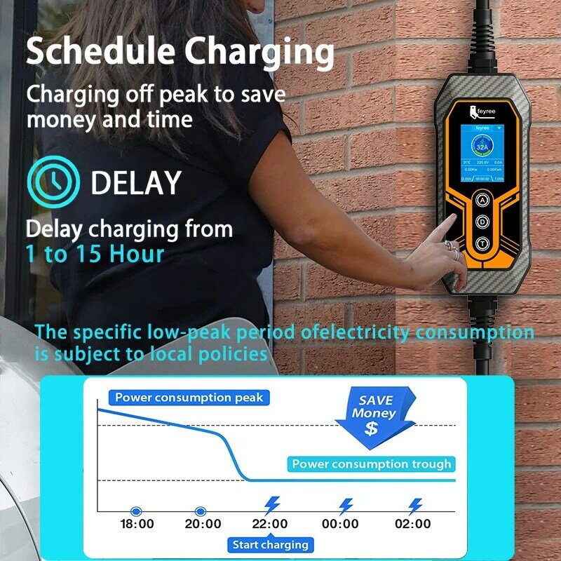 feyree Portable EV Charger Type2 32A 7KW EVSE Wi-Fi APP Control Adjustable Current Smart Timing Charging for Home & Outdoor Use