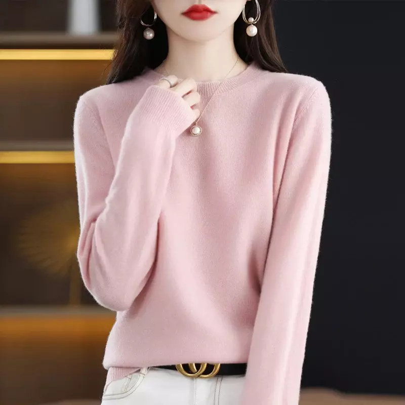 Suéter de caxemira 100% lã pura feminino, pulôver com gola O, blusa de malha casual, casaco de outono e inverno na moda coreana