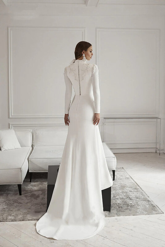 Простое кружевное свадебное платье-русалка, женское платье с длинным рукавом, атласное свадебное платье, 2023
