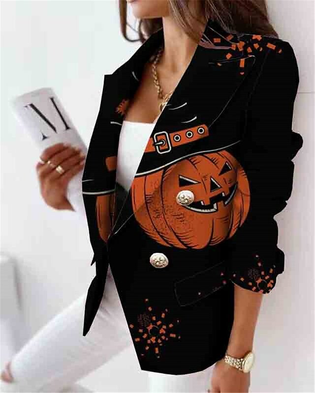 Женский винтажный блейзер с принтом тыквы на Хэллоуин, осенняя модная двубортная дышащая верхняя одежда, повседневные куртки с длинным рукавом