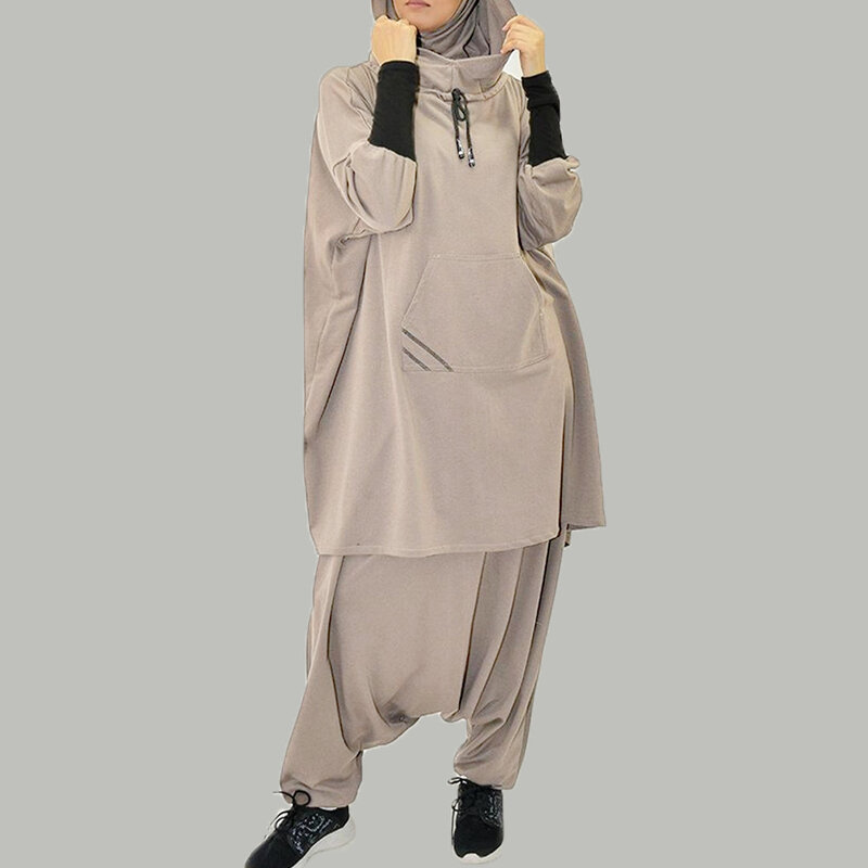 Moda muzułmańska sweter ze spodniami stroje biurowa dama nowa wiosna rękaw w kształcie skrzydła nietoperza Top garnitur eleganckie kobiety jednolity kolor zestaw kombinezon