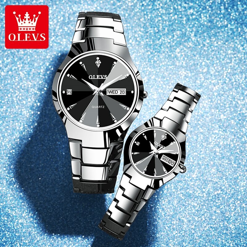 OLEVS-Reloj de pulsera de acero inoxidable para parejas, cronógrafo de cuarzo con espejo de rombos, luminoso, resistente al agua, con fecha y semana, 8697