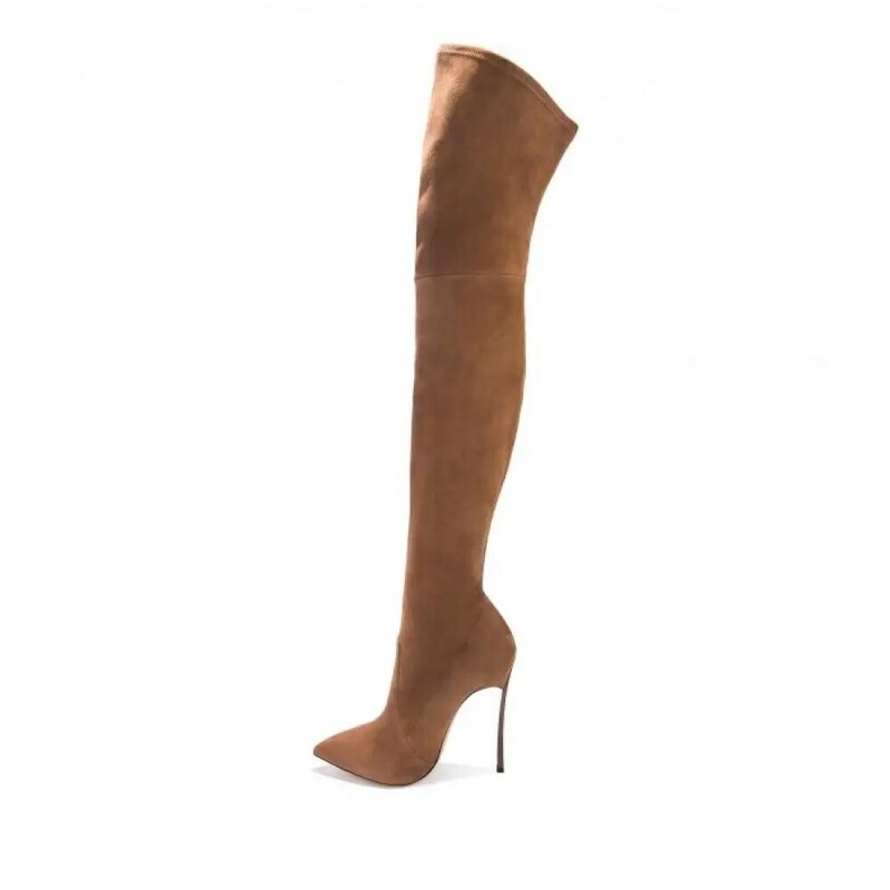 Stivali con tacco alto in pelle scamosciata marrone di vendita calda stivali alti alla coscia con punta a punta per stivali con tacco sottile in tessuto elasticizzato da donna