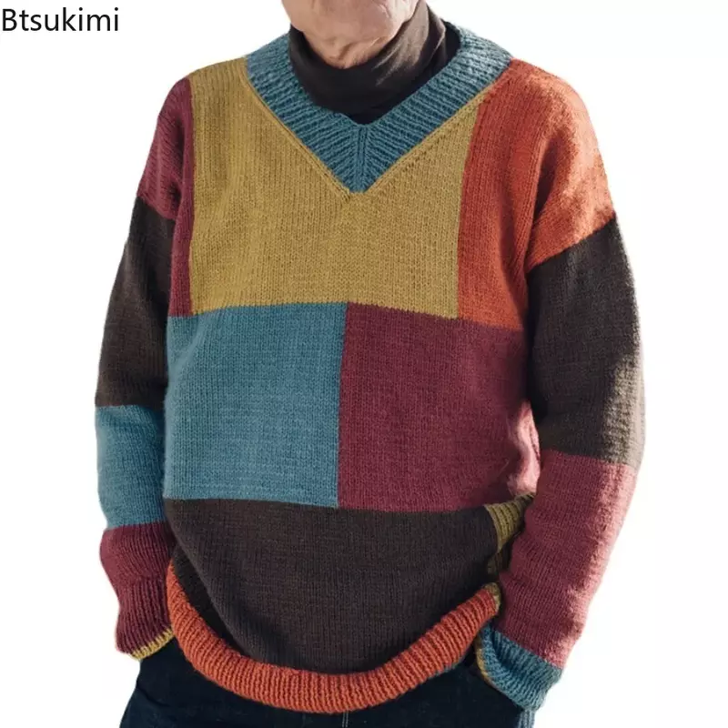 Nowy 2024 męski patchworkowy w stylu Casual kolor dzianinowe swetry jesień swetry na zimę męski V-kołnierz ciepłe swetry ubrania imprezowe dla mężczyzn