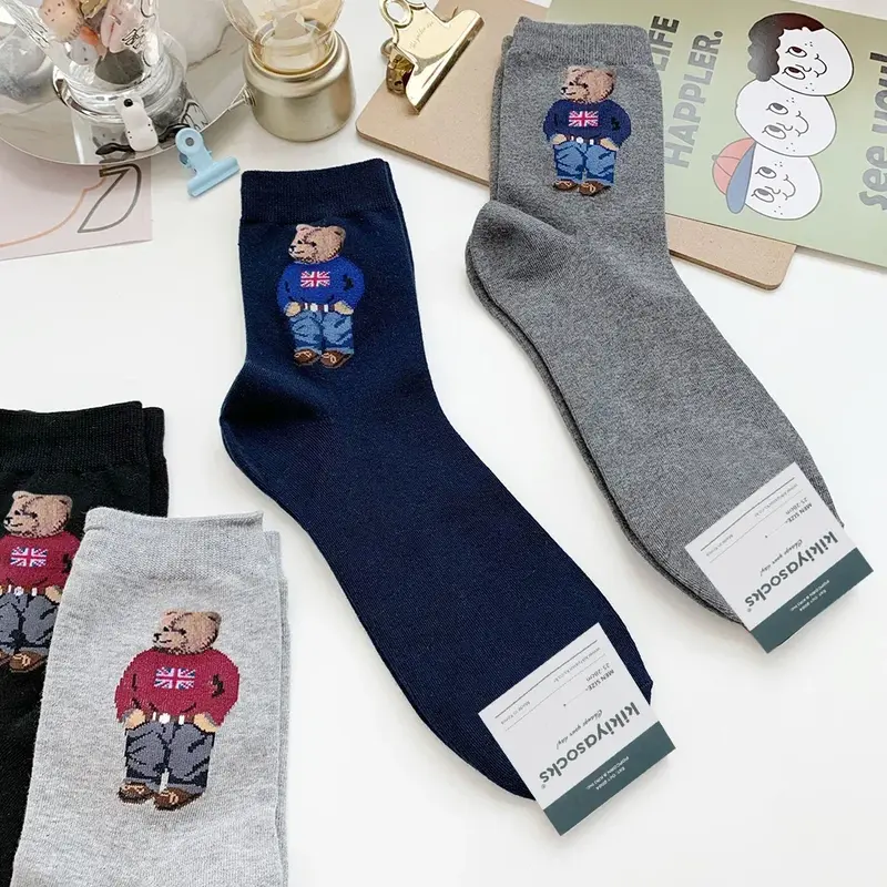 Chaussettes de dessin animé ours pour hommes, coton, Harajuku, planche à roulettes, chaud, nouveauté, respirant, cadeau de Noël, Gentleman, printemps, hiver, 5 paires