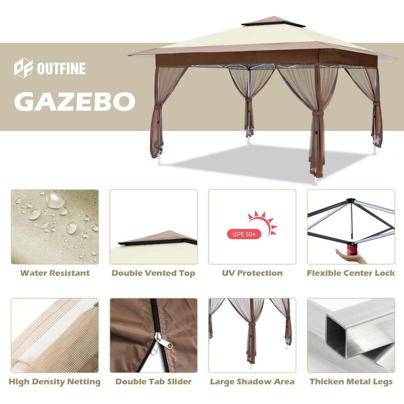 12'x12' Gazebo Outdoor Pop up Canopy Tent with Curtains and Shelter for Patio, Party & Backyard (Khaki)
