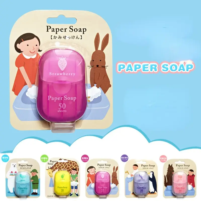 50 pz/scatola carta sapone usa e getta per viaggiare sapone carta lavaggio a mano Mini sapone di carta foglio di fetta profumata forniture per la pulizia del bagno