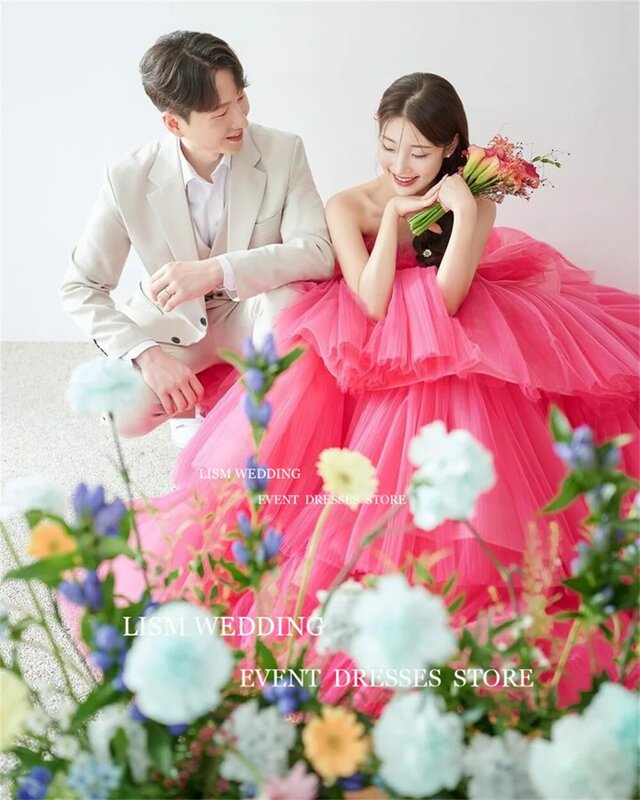 LISM-Vestidos de Noche coreanos de línea A, traje drapeado de tul de hada con volantes para sesión de fotos, boda, graduación, ocasiones formales, rosa roja, 2024
