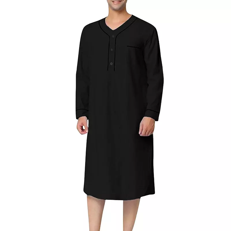 Vestido de manga com rolo de bolso, Casual Kaftan Thobe, Camisa longa e sólida de linho noturno, Robe curto com solto
