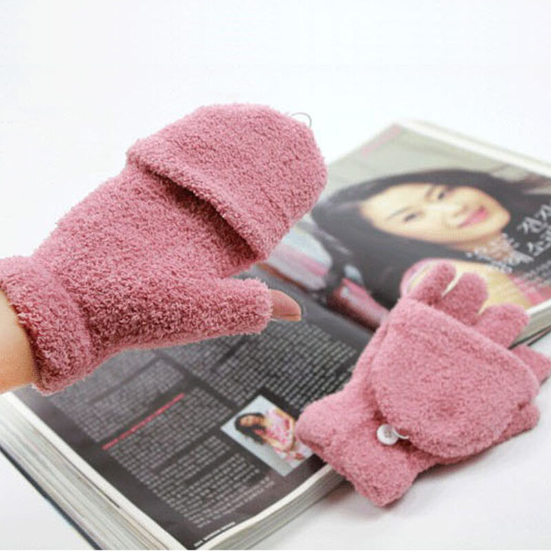 1Pair Student Dual-use Boys Girls Winter Warm Coral Velvet Gloves Convertible Flip Top Half Finger Gloves Knitting Mittens