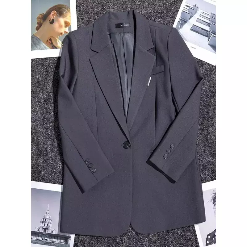 Gray Coffee Black Women Loose Blazer Coat Female Long Sleeve Single Button Straight Formal Jacket For Office Ladies Work Wear