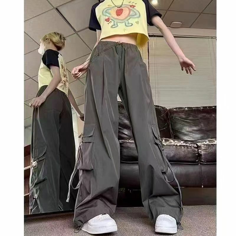 Женский костюм из двух предметов, милая крутая футболка на молнии с коротким рукавом и широкие брюки с высокой талией в Корейском стиле, лето 2024
