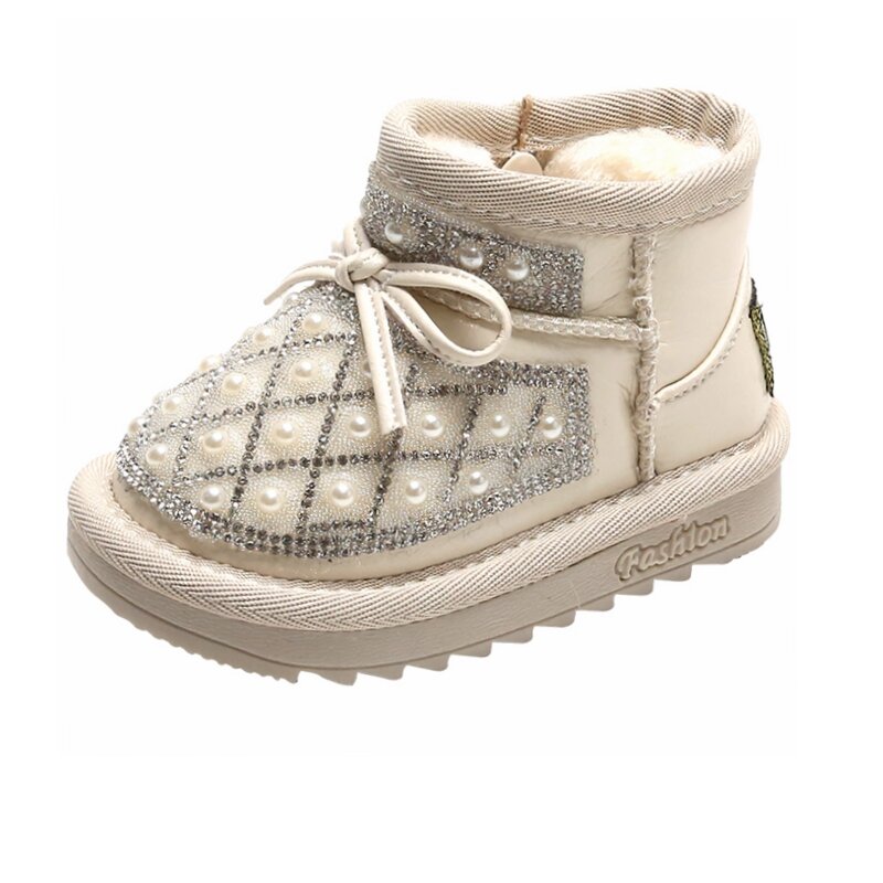 Botas de nieve de felpa gruesa para niños y niñas, zapatos cálidos de invierno con diamantes de imitación brillantes, lazo, sólido, puro, 12-15,5 CM
