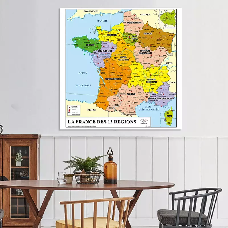 150*150Cm France Peta Politik Dalam Bahasa Perancis Vinyl Poster Dinding Bukan Tenunan Kanvas Lukisan Kelas Dekorasi Rumah Sekolah