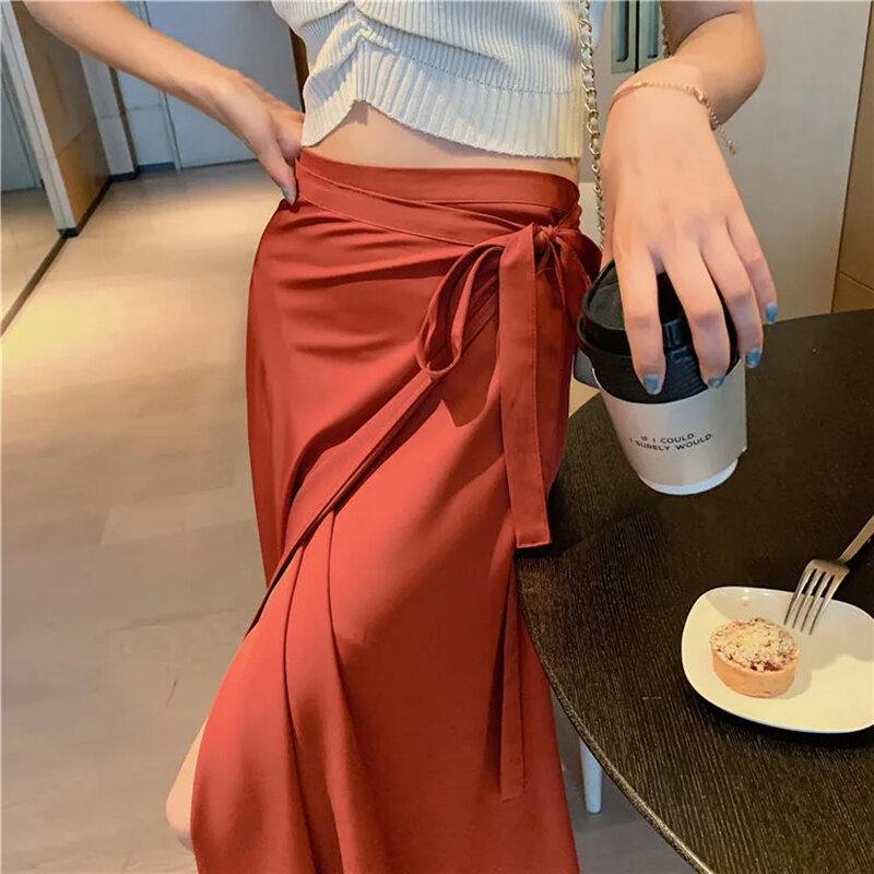 Элегантная Однотонная юбка ярких цветов, летняя тонкая юбка с разрезом и шнуровкой, Корейская юбка длиной до щиколотки с высокой талией
