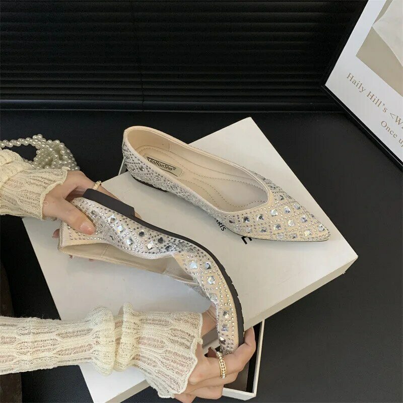 Sapato feminino de concha de boca rasa, sapato de diamante de água, novo estilo, moda primavera, versátil, 2024
