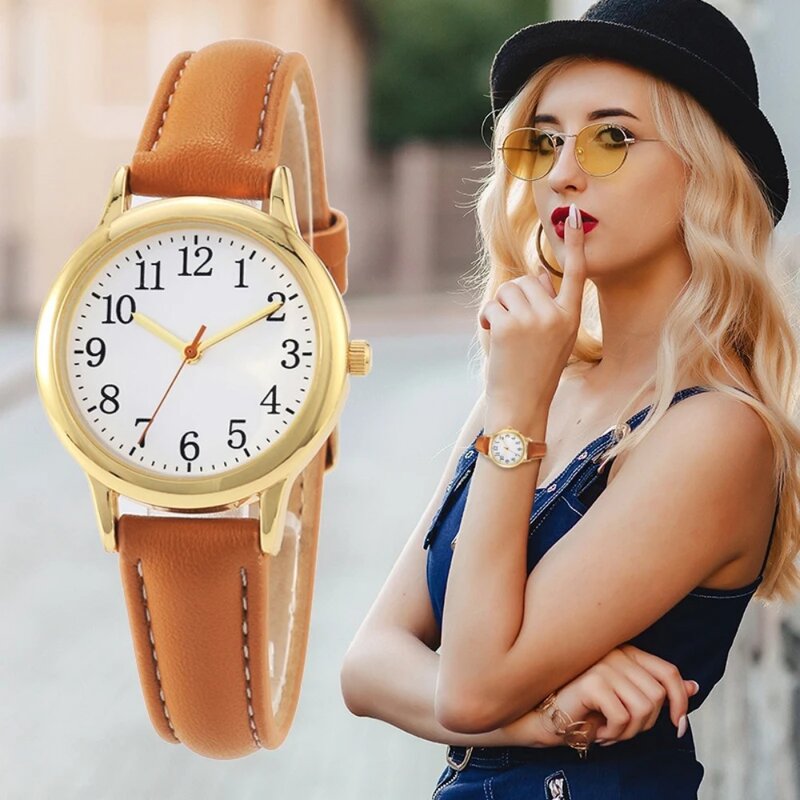 Numerais arábicos Quartz Watch para mulheres, relógio digital mostrador simples, pulseira de couro, relógios de pulso femininos