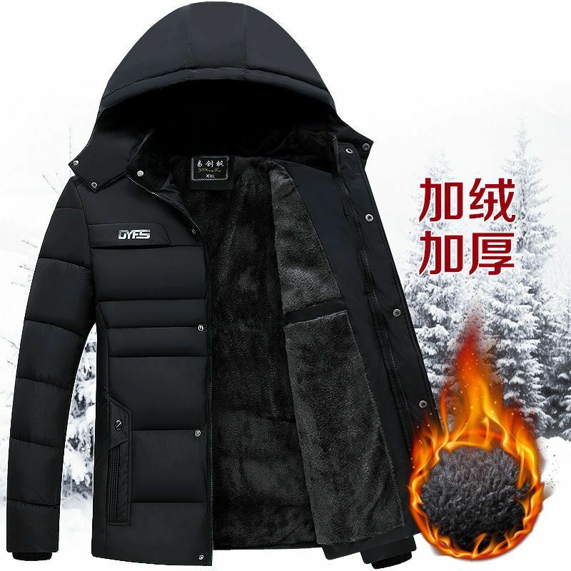 Jaket bertudung untuk pria, jaket tahan angin lapisan mewah empuk katun trendi musim dingin, mantel bertudung tahan dingin untuk pria