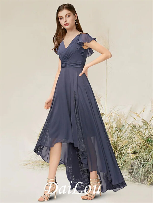 A-Line Empire Elegant Party Wear Formal Evening Dress V Neck Sleeveless Asymmetrical Chiffon with Pleats Free Shipping