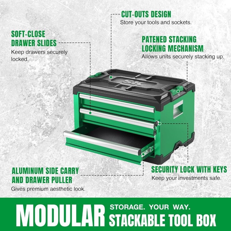 Patenteado Auto-Lock Toolbox Mecanismo, 3-Drawer Steel Box, detém até 60 Lbs Modular empilhável Storage Toolbox, Storage Toolbox
