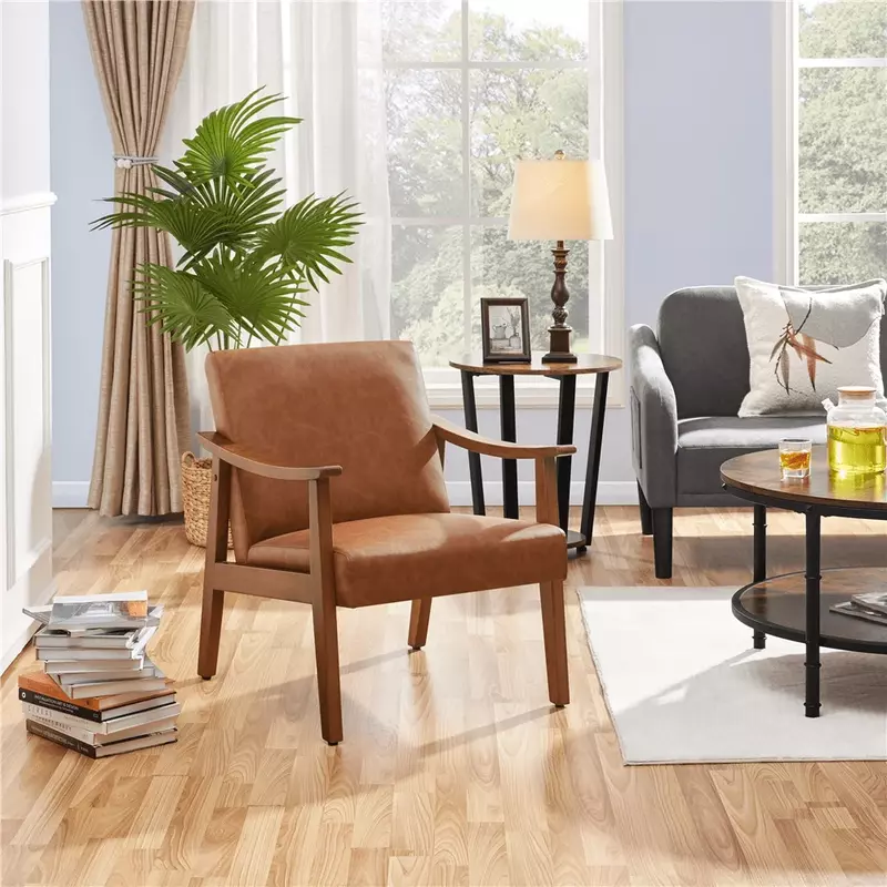 Krzesło akcentujące, skórzane guma piankowa drewniane amortyzowane siedzisko i uchylne oparcie, krzesło akcentujące