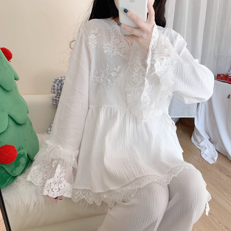 Пижама Ins весна-осень 2022 с длинным рукавом и V-образным вырезом, милая Домашняя одежда, кружевной лоскутный комплект из 2 предметов, женская одежда для сна
