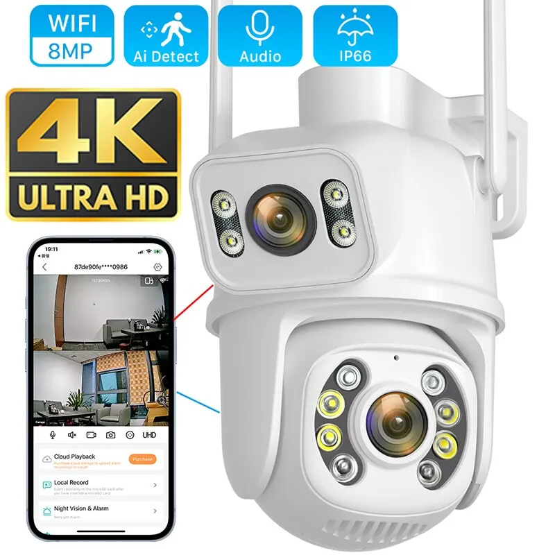 Câmera de vigilância ao ar livre, lente dupla, AI Human Detect, Auto Tracking, Visão Noturna, ICSee, PTZ, WiFi, 8MP, 4K