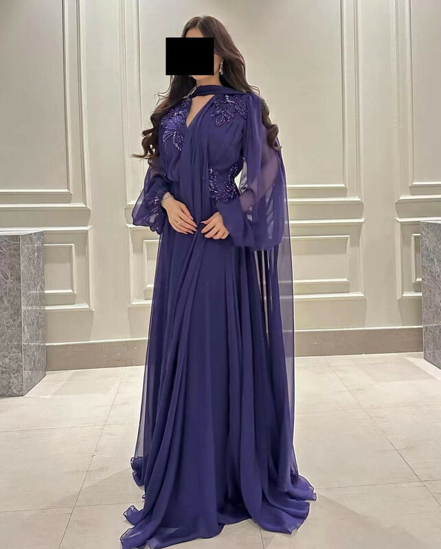 Saudi Arabia Women Wear Chiffon Prom Dresses V Neck Beaded Long Sleeves A Line Dress for Evening with Wraps Wedding Guest Gowns