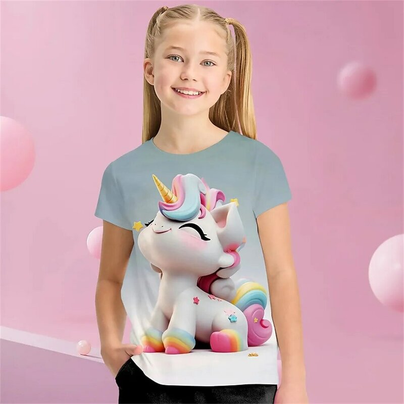 귀여운 프린트 반팔 티셔츠, 여아용 외투 의류, 귀여운 어린이 티셔츠, 2024 여름 신상
